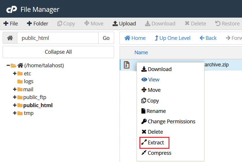 اکسترکت فایل cPanel